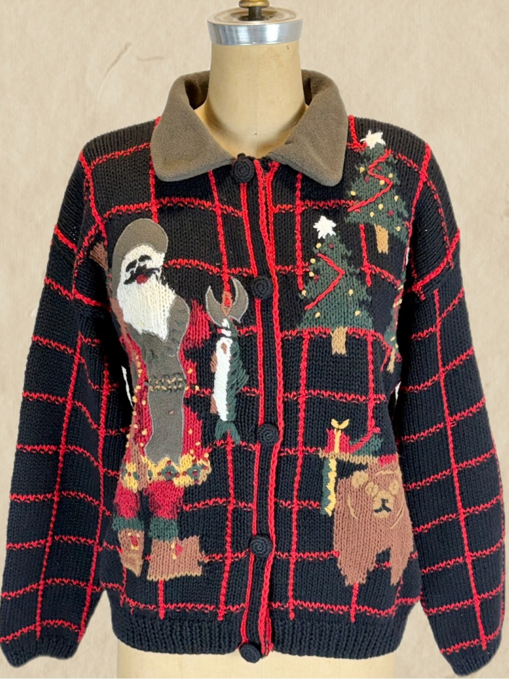 VINTAGE camping santa knit sweater cardigan fishing cabin canoe bear fish 90s